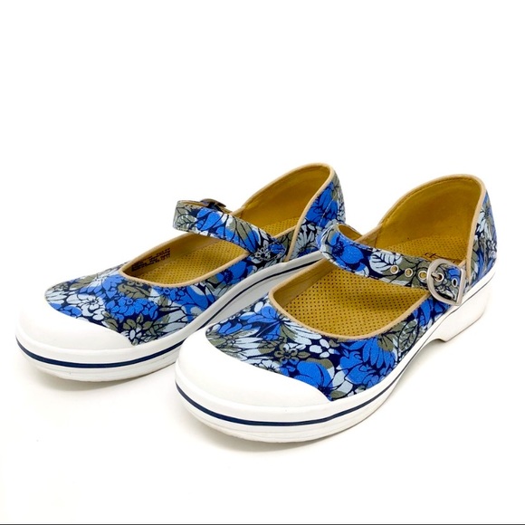 Dansko Valerie Sz 38 Vegan Blue Floral Canvas Rubber MJ Work Clogs Mary Janes